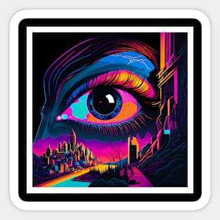 All Seeing Eye - Psychedelic Eye over a Colorful Cityscape Sticker